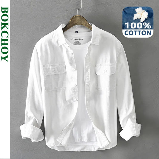 New Men's White Long Sleeve Shirt Pure Cotton